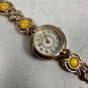 Womens Watch 21mm Round MOP Dial Yellow Cabochon Crystal Link Band New Battery